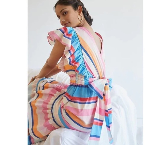 Anthropologie Dresses & Skirts - NWOT Anthropologie Bow Low Back Ruffled Colorful Stripee Maxi Dress Size Small